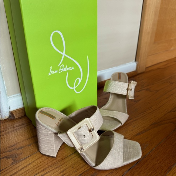 Sam Edelman Dalton Block Heel Sandal Sand Metallic Linen Square Toe Slide Size 7 - Picture 6 of 8